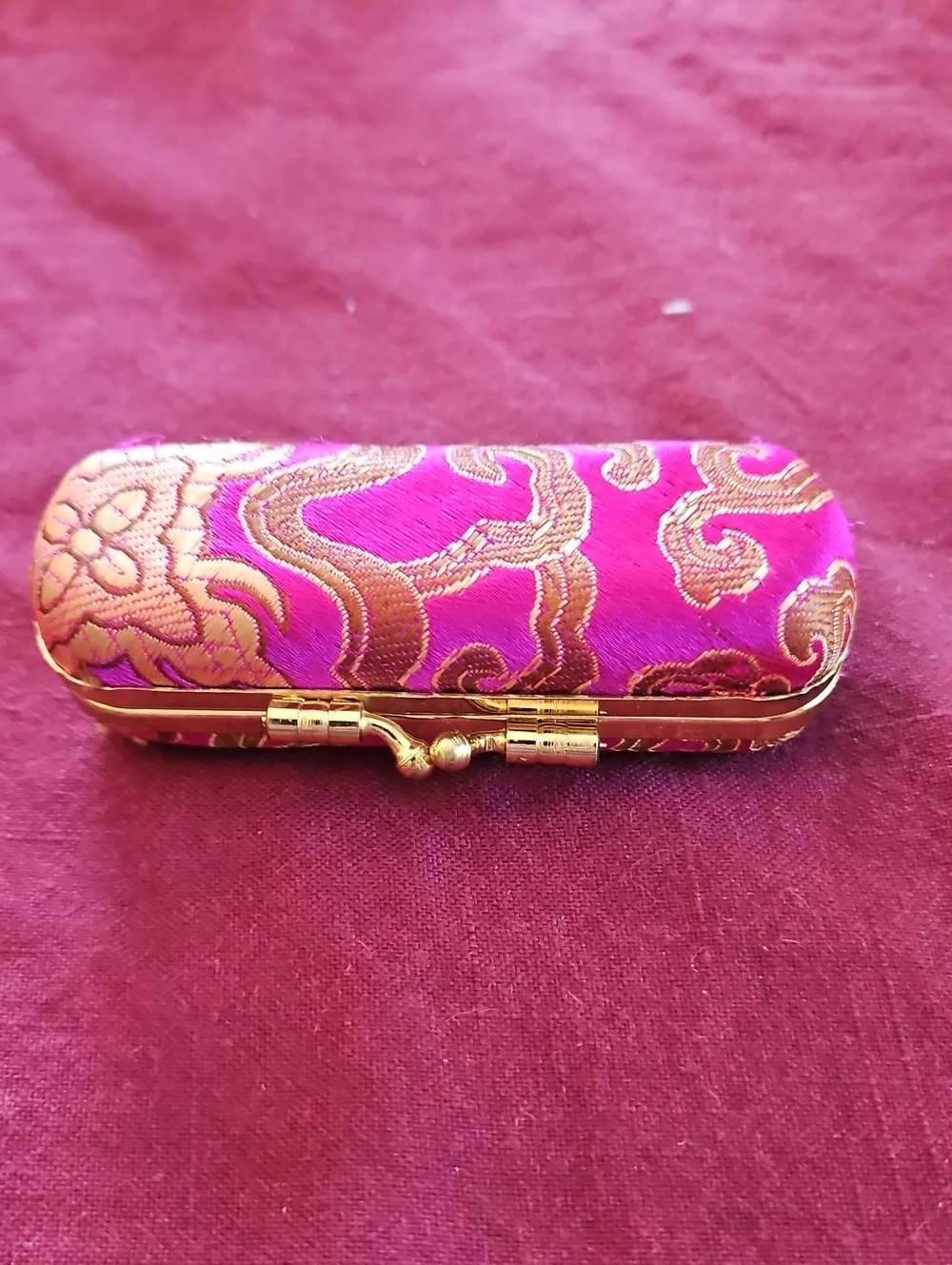 Retro Pink and Gold Embroidered Silk Lipstick Holder With Mirror